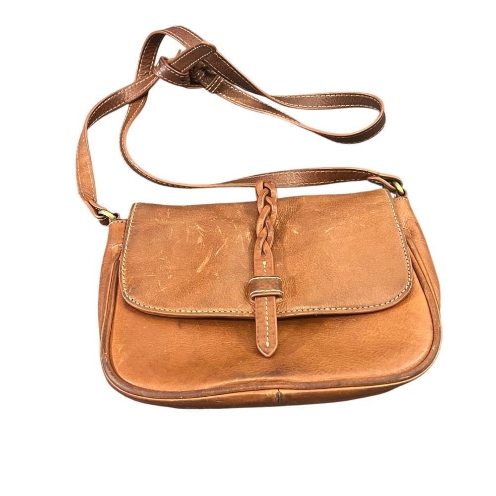 G.H. Bass & Co. Crossbody Bag Womens OS Brown Leather Braided Flap Saddle Bag